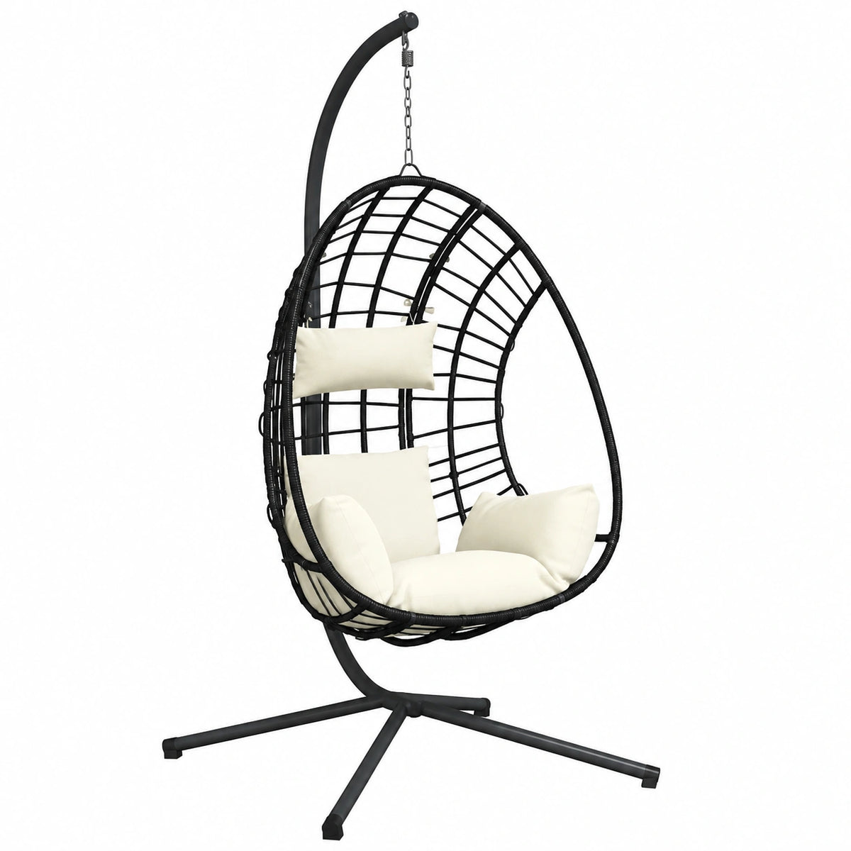 Poltrona Sospesa a Uovo in Polyrattan Beige con Struttura in Acciaio
