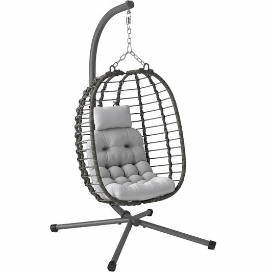 Sedia a Dondolo da Giardino in Rattan Grigio con Struttura in Acciaio
