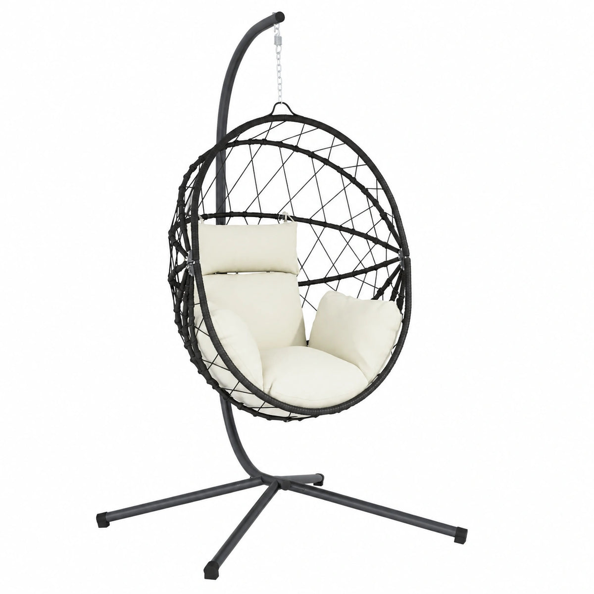 Poltrona a uovo sospesa con struttura in rattan e acciaio, beige, per esterni con cuscino sfoderabile