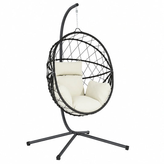Poltrona a uovo sospesa con struttura in rattan e acciaio, beige, per esterni con cuscino sfoderabile