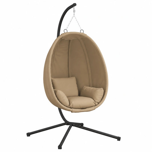 Poltrona a Uovo Sospesa in Rattan con Supporto in Acciaio, Imbottitura Tortora, per Interni ed Esterni, 104x100x197 cm