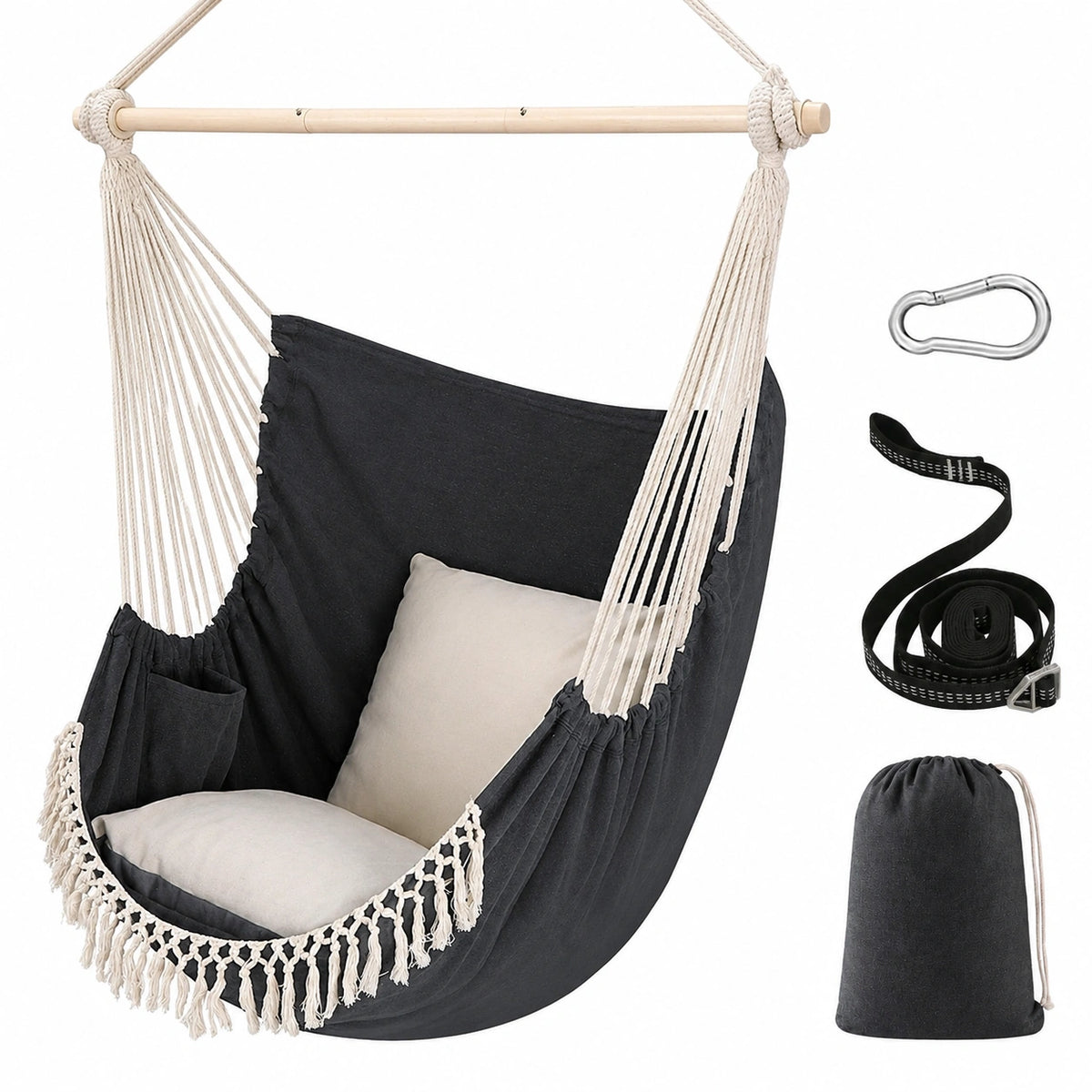 Sedia Sospesa Chihee in Macramè con Cuscini e Barra Antiscivolo, Massimo 227KG