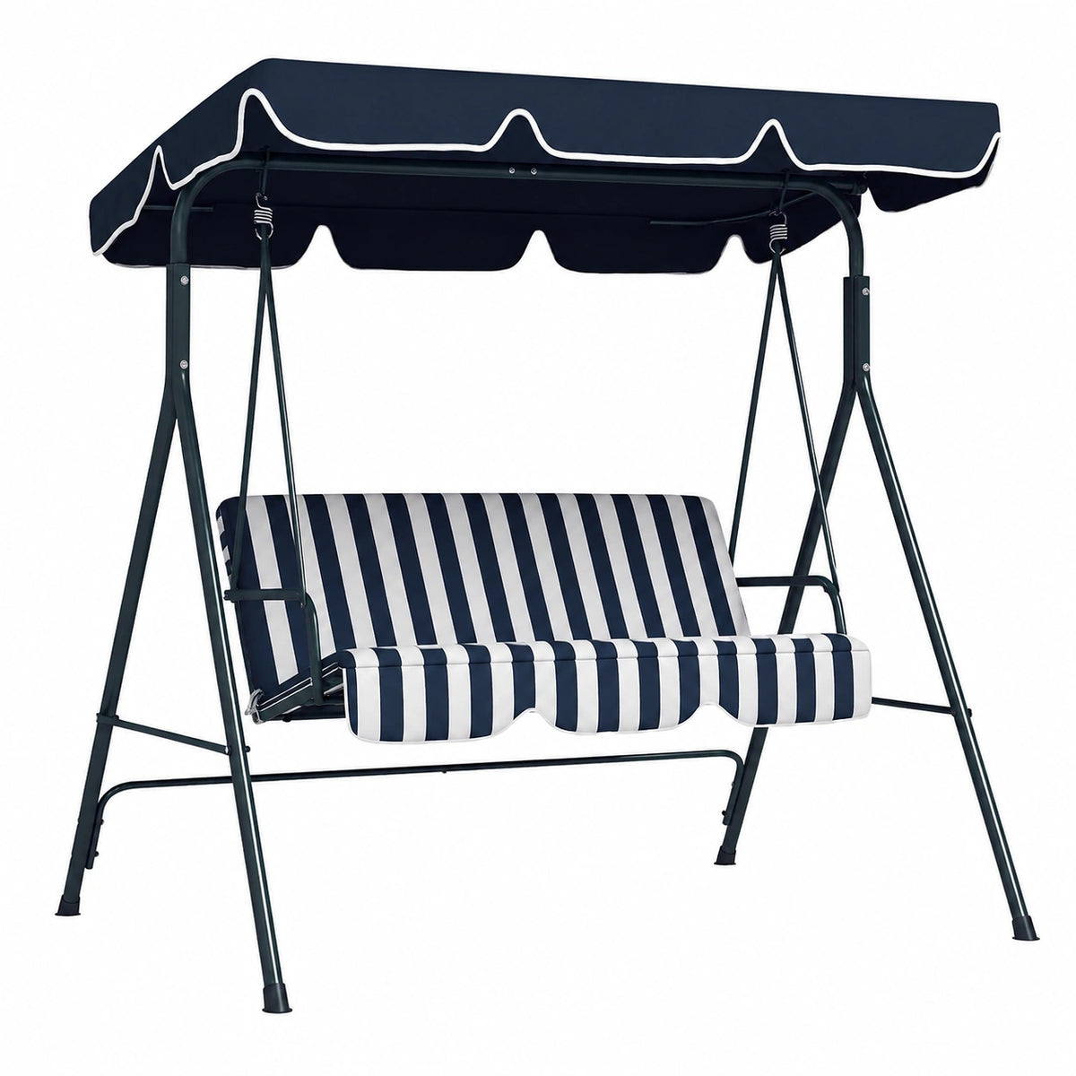 Altalena da Giardino 3 Posti con Tettoia Regolabile, Seduta Traspirante in Texteline e Struttura in Metallo, Capacità 240 kg, Bianco/Blu, 172x110x153 cm