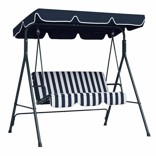 Altalena da Giardino 3 Posti con Tettoia Regolabile, Seduta Traspirante in Texteline e Struttura in Metallo, Capacità 240 kg, Bianco/Blu, 172x110x153 cm